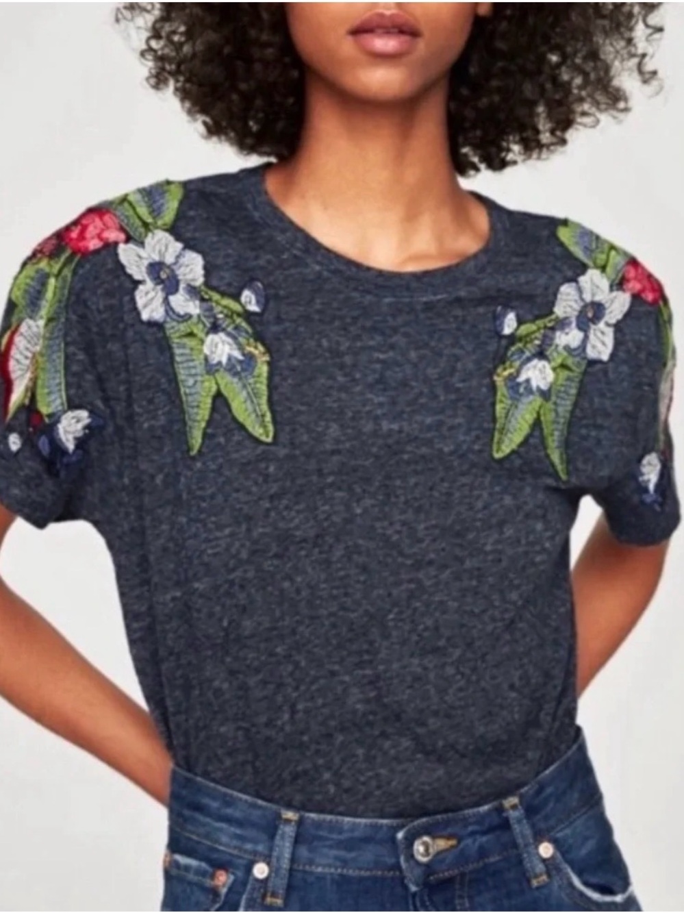 Zara Navy Embroidered Shoulder Tee with Floral Accents